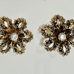 Vintage  Brass tone & Black  with Rhinestone & Amber stone Clip on Earrings